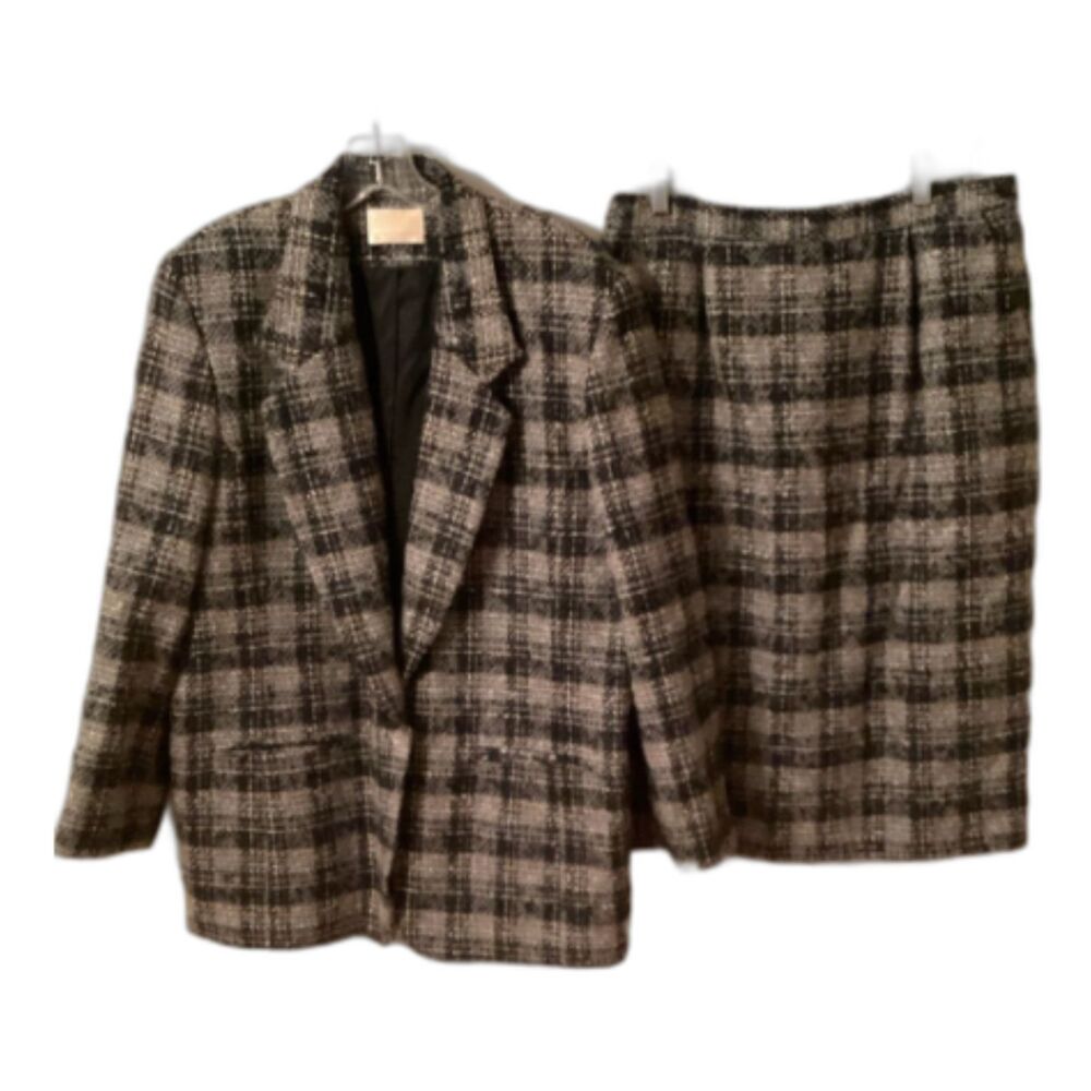 VINTAGE 70s PENDLETON GRAY TAN PLAID WOOL SKIT SUIT BLAZER JACKET SIZE 14/16